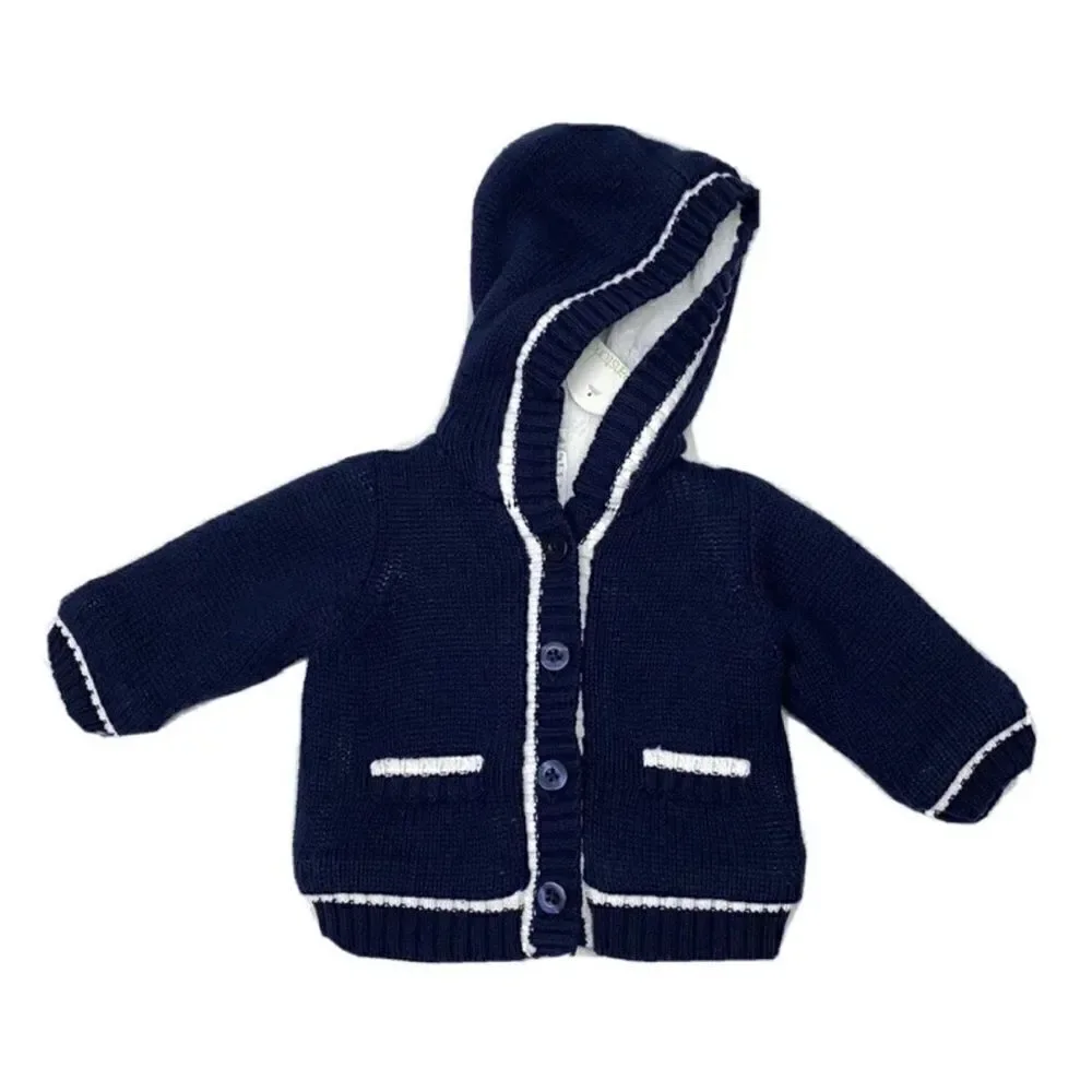 NWT BEANSTORK Baby HOODED CARDIGAN Jacket Blue White Knitted Fax Fur Lining 3M